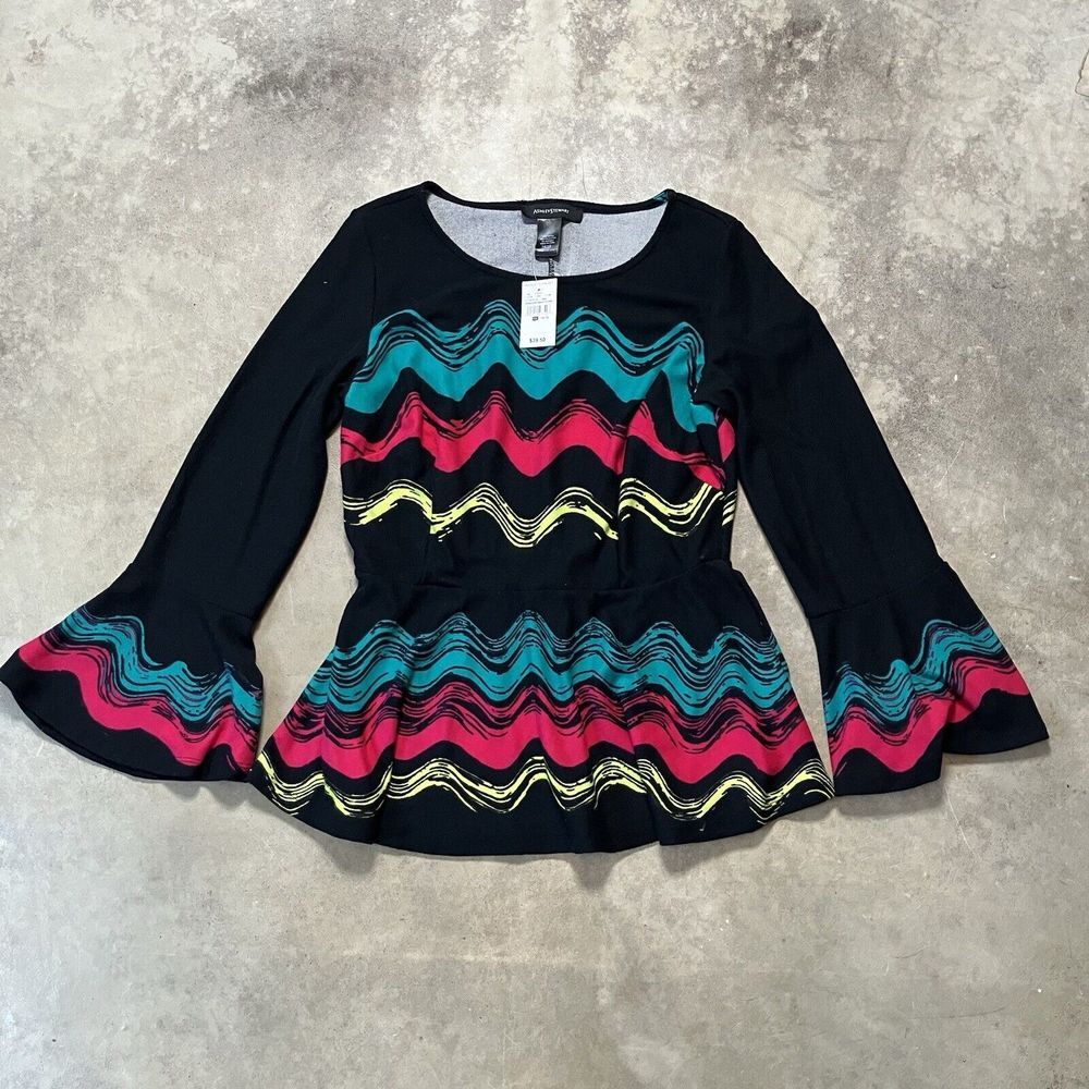 Ashley Stewart‎ Sweater Womens Size 14/16 Black Multicolor Chevron Bell Sleeve